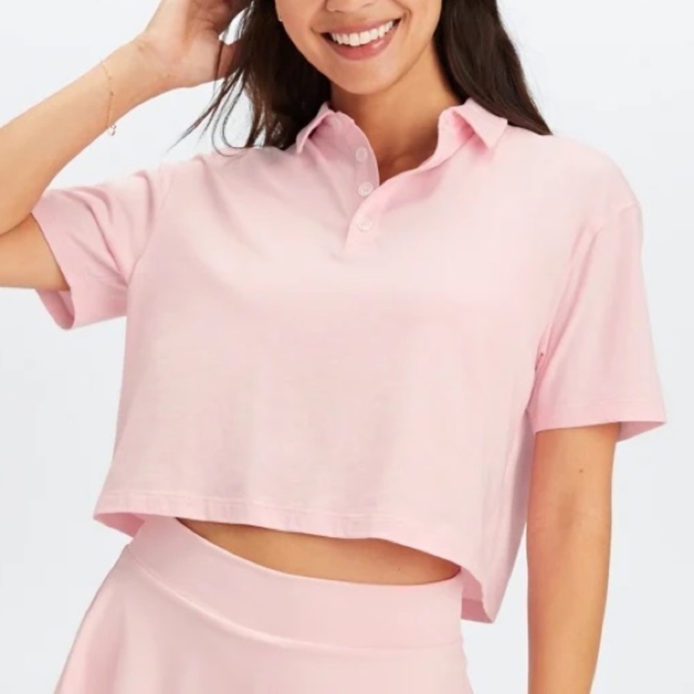 Fabletics Women S Orchid Pink Retro Preppy Cropped Boxy Short-Sleeve Polo Shirt